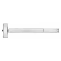 This PRECISION exit device is a stainless steel rim push bar with a touchbar style, designed for doors up to 48 inches wide. It is ADA compliant and operates as a rim-type exit device for commercial egress applications