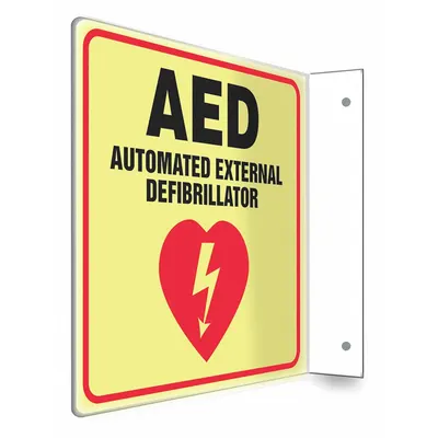 CONDOR Safety Sign: PETG, Mounting Holes Sign Mounting, 8 in x 8 in Nominal Sign Size - L-Shape Projection AED Automatic External Defibrillator Signs