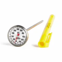Analog dial thermometer with a 1 in dial and 5 1/2 in overall length. Stainless steel case with shatter-resistant lens. Accuracy ±5 °F. NSF certified and metal detectable. Suitable for monitoring temperatures in high heat cooking applications.