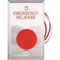 This push-to-exit button is designed for controlled egress in commercial and institutional facilities. It measures 4-1/2 inches in height, 1-5/8 inches in depth, and 2-3/4 inches in width. The button features a silver stainless steel finish with a gray color. It is used to release a door lock from the inside, meeting egress safety requirements