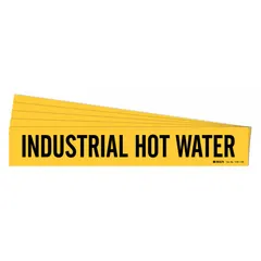 Yellow adhesive pipe marker with black legend text reading 'Industrial Hot Water', designed for pipes with outer diameter of 8 inches and larger. Suitable for identifying hot water piping in industrial facilities. Pack of 5, no arrows included.