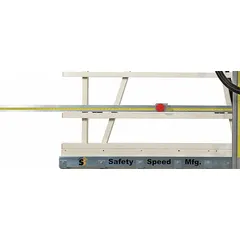 Panel saw stop and gauging system for precise positioning during cutting operations. Assists operators in achieving accurate, repeatable cuts in woodworking and fabrication environments.