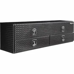 This dual flip-up drop-down door topside box provides secure storage for truck-mounted equipment. It features a T-Handle Compression lock with keyed access and a gloss black finish. With an 88 in overall width, it is designed for side-mount installation on trucks.