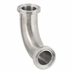 This 316L stainless steel sanitary tube fitting is a 90° elbow with 1 in OD x 1 in OD size and clamp connection. It meets USP 87 standards for biological reactivity. Used in sanitary piping systems to change flow direction in applications requiring clean, corrosion-resistant connections.