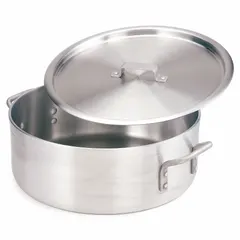 Aluminum brazier with 5 mm gauge construction for even heat distribution. 5 qt capacity and 4 in overall height. Suitable for commercial cooking, warming, and holding food in food service operations.