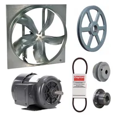 Unassembled belt-drive panel exhaust fan with drive package. Features a 42-inch blade, 3/4 hp motor, and 17,709 cfm airflow. Operates on 208-230/460V AC, 3-phase power with a single-speed, totally enclosed fan-cooled motor. Frame is zinc-plated steel with Class B insulation. Suitable for high-volume ventilation in industrial and commercial spaces.