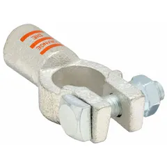 Straight-alignment crimp battery terminal for 2/0 gauge wire. Copper contact material with orange color coding for positive polarity. Used in battery cable assemblies for heavy equipment, backup power systems, and material handling applications requiring secure crimp connections.