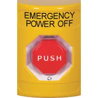 This ADA-compliant exit push button is designed for emergency egress applications in commercial and industrial facilities. The yellow housing provides high visibility for quick identification. Dimensions: 4 7/8 in height, 3 3/16 in depth, 3 1/4 in width