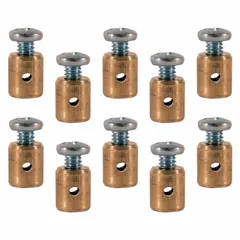 Brass throttle stop for dump truck throttle cable systems, with 3/5 in overall length and 8/25 in width. Includes a zinc-plated screw. Used to limit throttle travel and control engine speed during dumping operations.
