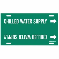 Green strap-on pipe marker with white legend reading 'Chilled Water Supply'. Fits pipe outer diameters from 6 to 7-7/8 inches. Includes directional arrows. Supplied as a single marker for identifying chilled water supply piping in facility systems.