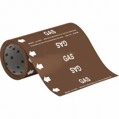 Brown adhesive pipe markers with white 'Gas' legend and directional arrows, supplied on a roll. Each marker fits pipe outer diameters of 2 inches and smaller. 30 markers per roll for identifying gas piping in industrial and commercial facilities.