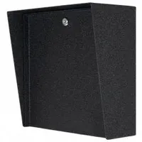 Black powder-coated carbon steel cover housing for gate operator access control devices. Designed to protect and house intercoms in outdoor environments. Features a cam lock for security. Overall height 12 inches, dimensions 6 inches by 12 inches