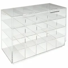 This clear acrylic case holds up to 20 pairs of safety glasses, providing organized storage and protection. With overall dimensions of 15 1/2 in width and 11 3/4 in height, it is suitable for wall mounting in industrial facilities, laboratories, and workshops to keep eyewear accessible and support eye protection programs.