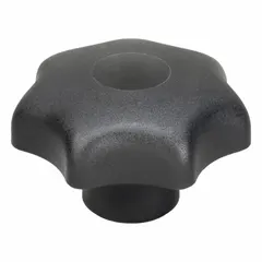 This 7-arm knob features a 63 mm diameter plastic body with a steel threaded insert. The 3/8"-16 thread has a length of 14 mm. It is used for manual clamping, positioning, and adjustment on industrial machinery, jigs, and fixtures.