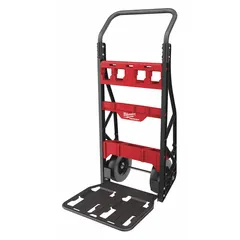 This hand truck from the PACKOUT system features a rigid frame and measures 20 inches wide, 48 inches high, and 12 inches deep. It supports a maximum load capacity of 400 pounds. Designed for transporting tools and equipment, it integrates with modular storage components for efficient job site mobility.