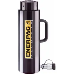 Hydraulic ram with lock nut for mechanical load holding. 30 ton capacity, 8 in stroke, 6.85 sq in effective area. Used in controlled lifting and positioning tasks.