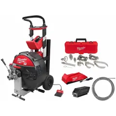 This cordless drum machine kit includes a head kit and cleaning cable, powered by the MX FUEL system for portability. Designed for cleaning pipes from 3 to 6 inches in diameter, it is suitable for drain cleaning in plumbing applications.