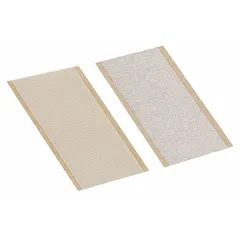 Pre-cut strip of polypropylene hook-and-loop fastener with white adhesive backing. Each strip measures 1 inch wide by 3 inches long. Used for temporary or permanent fastening in industrial assembly, cable management, and signage applications.