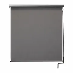 Pole-and-crank-operated awning with 8 ft fabric height and 7 ft valence width. Gray fabric provides 90% UV protection. Features oil-rubbed bronze valence, right-side operation, and bungee-and-hook tie-down system. Suitable for outdoor shading on patios, decks, or storefronts.