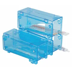 Benchtop pipette rack made of blue ABS plastic. Overall height 12 7/8 in, overall length 11 7/8 in. Designed to hold serological pipettes upright for organized storage and easy access during liquid handling tasks.