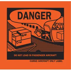 Plastic label measuring 4 3/4 in x 4 5/16 in with red background and message 'Do Not Load in Passenger Aircraft'. Used for marking packages containing hazardous materials restricted from passenger aircraft. Supplied in a 500-pack.