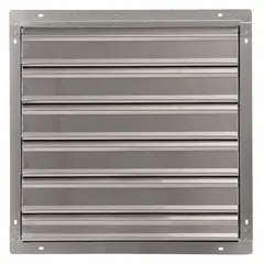 Single-panel backdraft damper with flat blades for horizontal airflow. Designed for vertical wall mounting, it prevents reverse airflow when the fan is off. Suitable for exhaust or intake ventilation in wall openings. Maximum air velocity 2500 fpm.