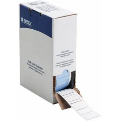 Polyolefin sleeve label roll, white matte finish, measuring 1 3/4 in x 1 1/4 in. Designed for wire gauge 0 AWG to 6 AWG. Compatible with BMP71 printer series. Used for permanent wire and cable identification in control panels, machinery, and electrical installations.
