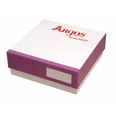 Cardboard freezer box with overall dimensions of 5 1/4 in length and width. Includes space for labeling to identify contents. Used for organizing and storing laboratory or biological samples in cold storage environments.