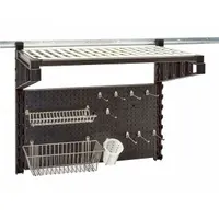 This sink station kit is a pegboard accessory designed for organizing sink-related items in commercial kitchens. It includes a plastic cylinder/holder and is part of the Elevation series. Dimensions: 36 in length, 18 in depth. Color: Black
