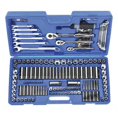 This 145-piece socket set includes 1/4 in, 3/8 in, and 1/2 in drive tools with 6-point sockets in both SAE and metric sizes. It is suited for tightening and loosening fasteners in automotive repair, machinery maintenance, and general industrial assembly. The set covers metric sizes from 4 mm to 20 mm and includes combination wrenches.