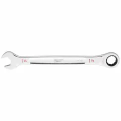 Steel combination wrench with chrome finish. Features a 1-1/4 in 12-point ratcheting box end and 16-7/8 in overall length. Used for tightening and loosening fasteners in industrial maintenance, automotive repair, and mechanical assembly.