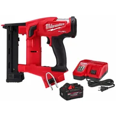 This cordless combination stapler drives crowned staples with leg lengths from 3/8 in to 1 1/2 in. The kit includes one battery and one charger. Suitable for fastening tasks in construction, woodworking, upholstery, and trim work.