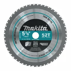 Circular saw blade for cutting non-ferrous metals such as aluminum and soft metals. Features 52 carbide teeth with a 0.06 in kerf for clean cuts in sheet metal, extrusions, and tubing. Arbor size 5/8 in.