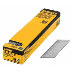 Collated finishing nails for use with angled finish nailers. Each nail is 1-1/2" long, flat, smooth steel with a chisel point and glue coating. Suitable for trim, molding, and cabinetry applications in wood and composite materials. Pack of 2,500.