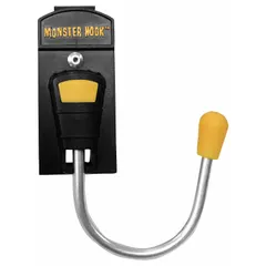 Plastic tool hanger in yellow, 3 1/2 inches overall length. Designed for organizing hammers in workshops or tool storage areas. Provides a dedicated hanging point to keep workspaces tidy.