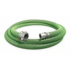 Thermoplastic rubber hose assembly with polyethylene helix reinforcement for water suction and discharge. Rated 38 psi working pressure, temperature range -40° to 180°F. Black hose with green stripe, 15 ft length. Suitable for fluid transfer in industrial, construction, and agricultural settings.