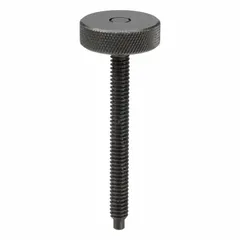 This knurled-head hand knob screw features a dog-point tip for precise locating in jigs and fixtures. The knurled head provides a secure grip for manual adjustment without tools. Thread size is 1/4"-20 with a 1-1/4" thread length. Commonly used in workholding and positioning applications.