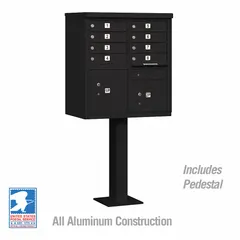 Horizontal multi-unit mailbox with 10 lockable front-access doors. Measures 62 in H x 30 1/2 in W x 18 in D. Designed for pedestal mounting. Suitable for secure mail distribution in multi-tenant residential or commercial facilities.