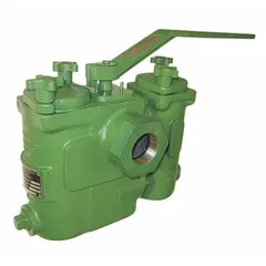 Cast iron duplex basket strainer with 2-inch NPT connections and a 10-inch length. Features a 0.062-inch 304 stainless steel screen and Buna-N gaskets. Designed for continuous filtration in water systems, allowing one basket to be cleaned while the other remains in service.