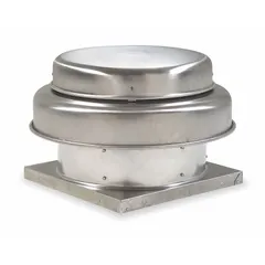 This direct-drive fan is designed for industrial and commercial clean-air exhaust applications. It features an 18-inch blade delivering 4,578 cfm, an open dripproof motor enclosure, and a square base. The fan operates at 115/208-230V AC with a single speed and includes the drive package. It is assembled for roof mounting.