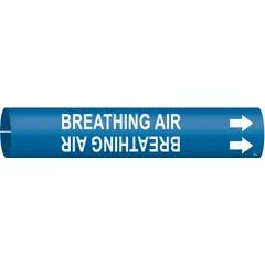 Blue pipe marker with white legend text reading 'Breathing Air' and directional arrows. Fits pipe outer diameters from 1-1/2 to 2-3/8 inches. Used to identify compressed breathing air lines in industrial piping systems.