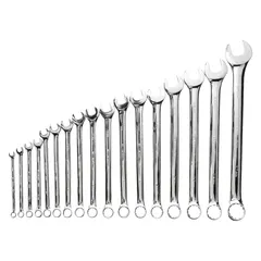 This 17-piece set of metric combination wrenches features a chrome finish for corrosion resistance. Each wrench has a 12-point box end for improved grip on hex fasteners and an open end for quick positioning. The set covers sizes from 7 mm to 27 mm, suitable for tightening and loosening metric fasteners in automotive repair, machinery maintenance, and industrial assembly. Wrenches are stored in a tool roll for organization.