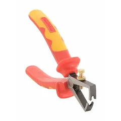 Manual end-style wire stripper for solid copper wire, accommodating 12 to 10 AWG sizes. Features adjustable cutting depth and a standard cushion grip for comfort. Overall length of 6-1/2 inches. Suitable for electrical panel wiring, control cabinets, and general maintenance tasks.
