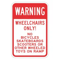 0.063-inch thick aluminum sign with mounting holes for permanent installation. High Intensity Prismatic (HIP) retroreflective grade provides visibility in low-light conditions. Used to restrict wheeled devices from areas designated for wheelchair access only, such as parks, pathways, and building entrances