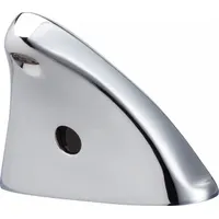 Centerset faucet with motion sensor, constructed of cast brass with polished chrome finish. Hardwired for 12V AC power and single tempered water supply line. Suitable for high-traffic commercial restrooms requiring touch-free operation