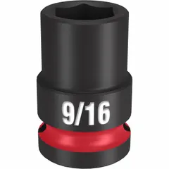 This 1/2" drive impact socket is designed for use with impact wrenches to fasten or loosen 9/16 in SAE hex fasteners. The 6-point configuration provides a secure grip on the fastener, reducing the risk of rounding. Suitable for automotive, construction, and industrial applications requiring high torque.