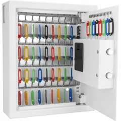 Wall-mount key cabinet with digital lock, constructed from white textured steel. Holds up to 48 keys. Includes key tags and mounting hardware. Suitable for organizing and securing keys in offices, warehouses, and industrial settings.