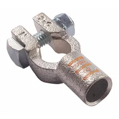 Straight-alignment crimp battery terminal for 2/0 gauge wire. Features copper contact material, orange color code, and negative polarity. Used for connecting heavy-gauge battery cables in vehicles and equipment requiring a reliable negative connection.