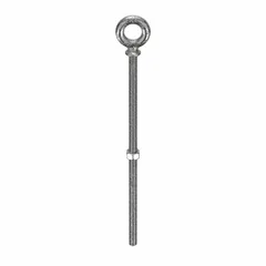 This machinery eye bolt features a shoulder design for secure bearing surface in lifting and rigging applications. Made from 18-8 stainless steel with a plain finish, it has a 3/8"-16 thread size and 4-inch thread length. A nut is included. Suitable for industrial material handling and overhead lifting where reliable attachment is required.