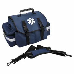 Blue polyester medical duffel bag with zipper closure and padded shoulder strap. Dimensions 16 1/2 in L x 10 in W x 7 in D. Suitable for carrying and organizing medical supplies or personal gear in healthcare or emergency response settings.